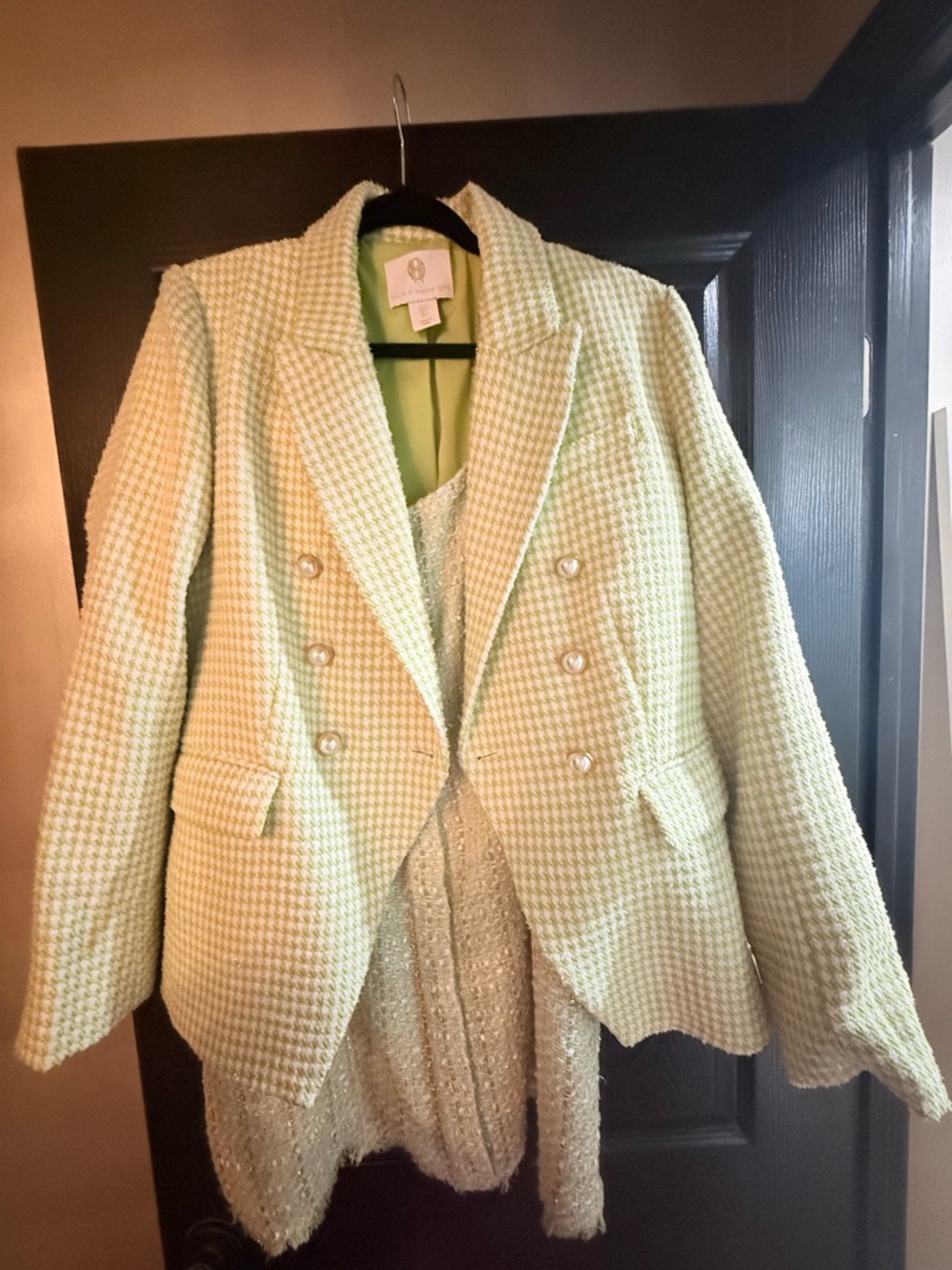 NEW House of Harlow 1960 Light Green Houndstooth Double-Breasted Tweed Blazer